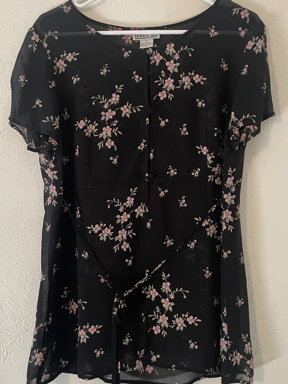 Vintage Robbie Bee Black Floral Semi-Sheer Rayon Open Front Tie Blouse 10